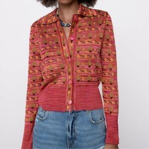 ZARA Cactus Flower Knit Jacquard Jacket Cardigan